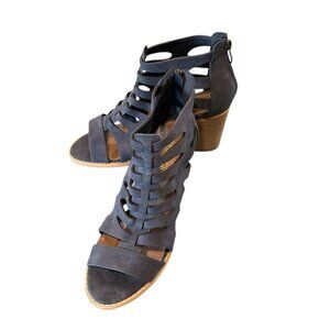 New Without Box Never Worn Blue Suede Open Toe Chunky Heel Zippered Sandal 8.5